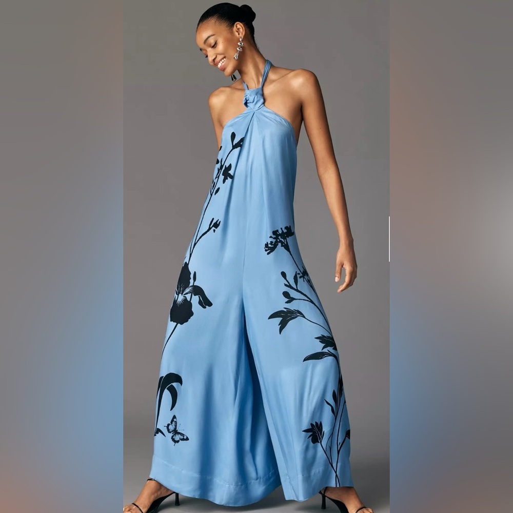 Anthropologie Gorgeous Blue Floral Tie Neck Jumpsuit